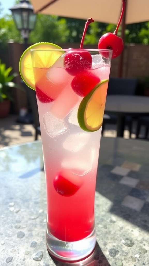 A refreshing Cherry Lime Tequila Spritz cocktail with ice, lime slices, and cherries on a sunny patio.